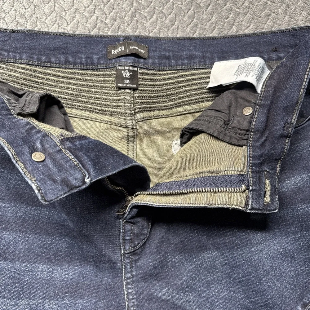 True Religion Rocco Men 38x33 Biker Moto Relaxed Skinny Denim Blue Jeans Stretch